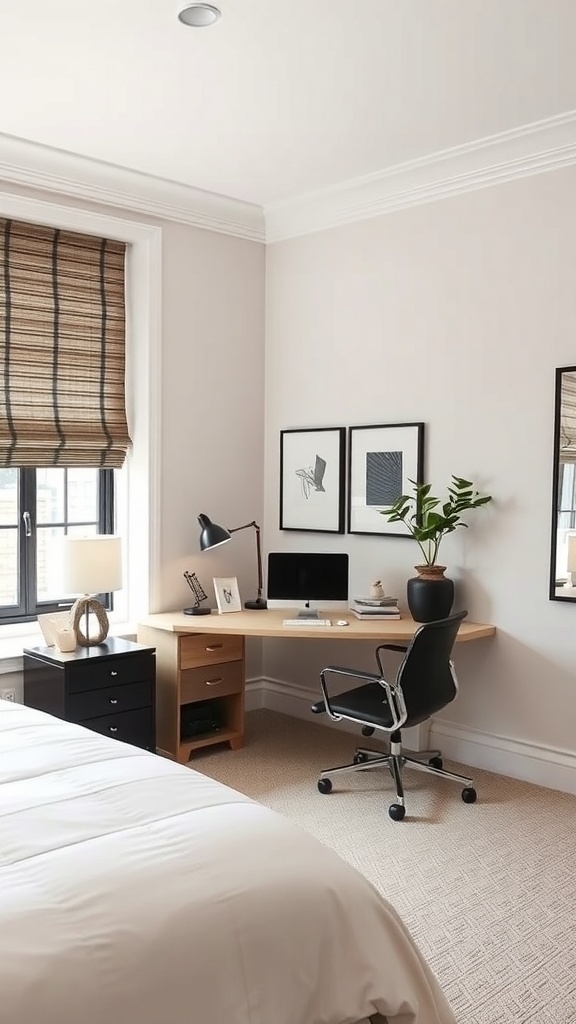 A cozy master bedroom featuring a work-from-home setup with a desk, chair, and decorative elements.