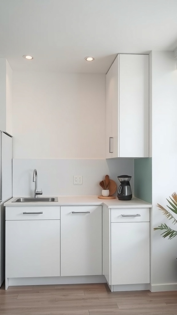 A minimalist kitchen featuring white cabinetry, a sink, and a coffee maker.