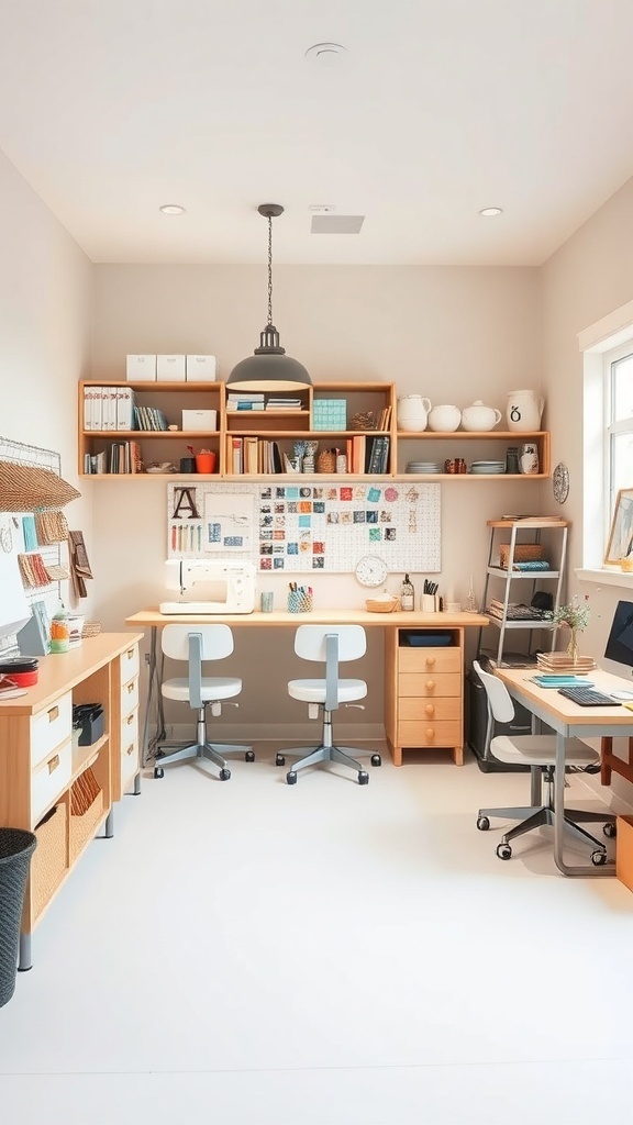 A bright and organized multi-use craft area with two workstations, shelving, and a pegboard.