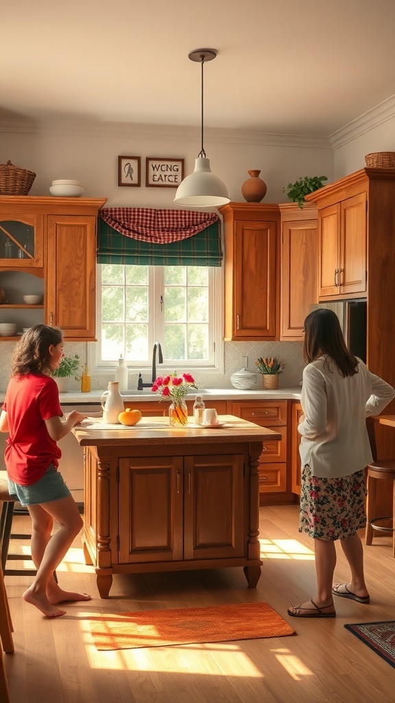 Two people interacting in a warm, inviting kitchen with a peninsula.