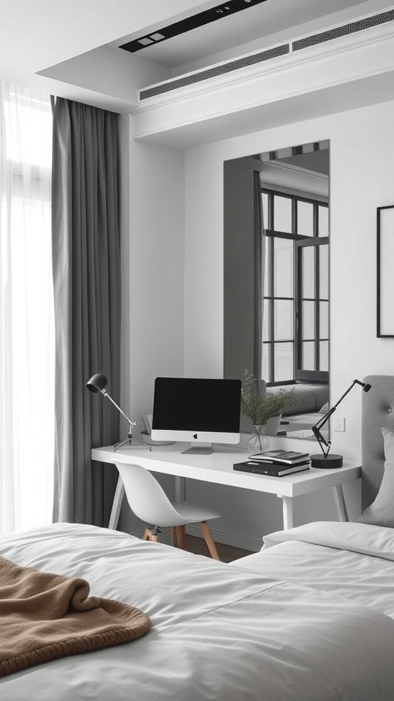 A modern bedroom workspace with a desk, computer, and cozy decor.