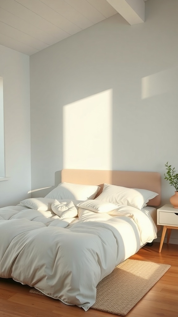 A serene bedroom with a light color scheme, soft bedding, and natural elements.