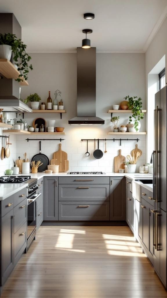A modern kitchen with gray cabinets, open shelving, and natural light.