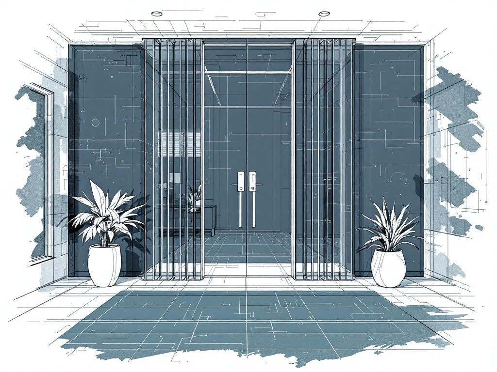 A modern entry divider design featuring glass panels and plants.