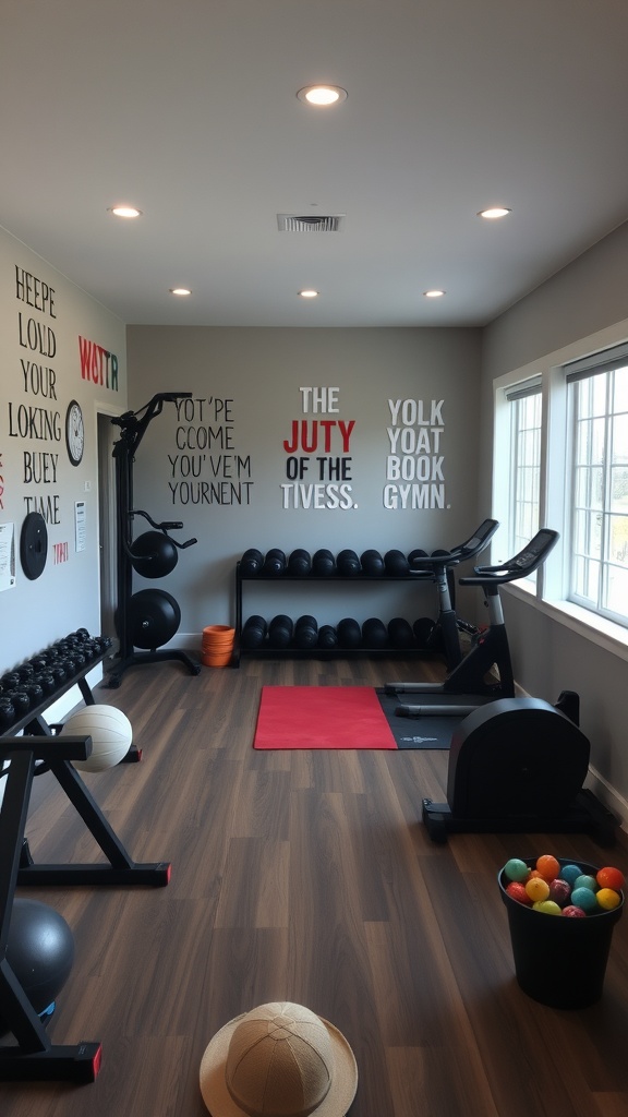 A home gym featuring workout equipment, motivational wall art, and a warm wooden floor.