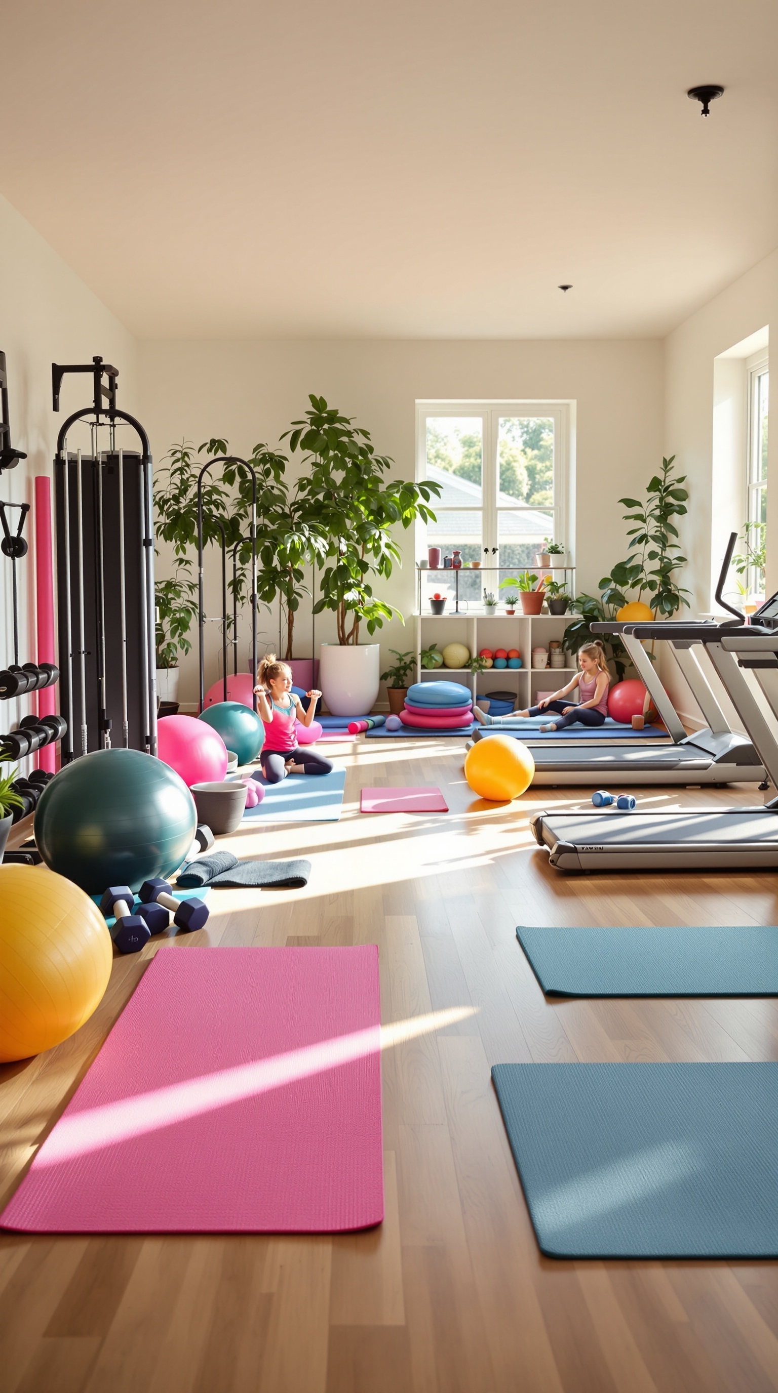 A modern home gym with workout equipment, plants, and children playing.