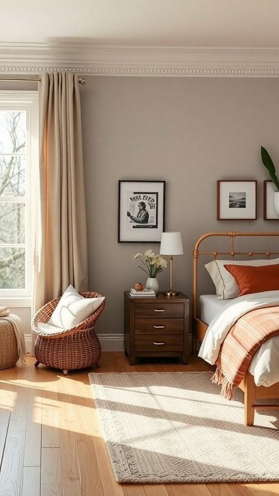 A cozy bedroom with warm tones and natural light.