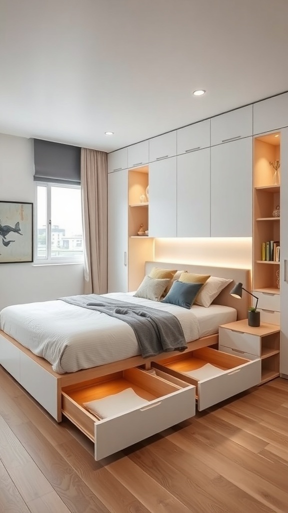 Modern bedroom with under-bed storage and built-in shelves