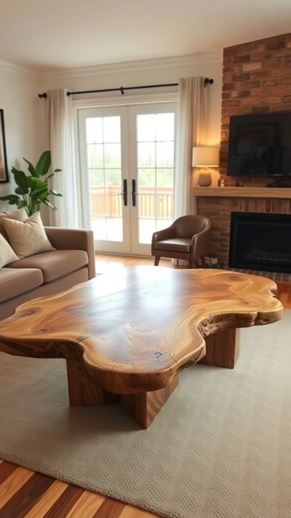 A rustic live edge coffee table in a cozy living room setting.
