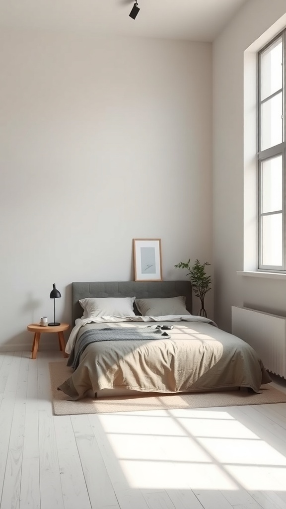 A minimalist loft bedroom featuring a simple bed, neutral bedding, a side table with a lamp, and a large window letting in natural light.