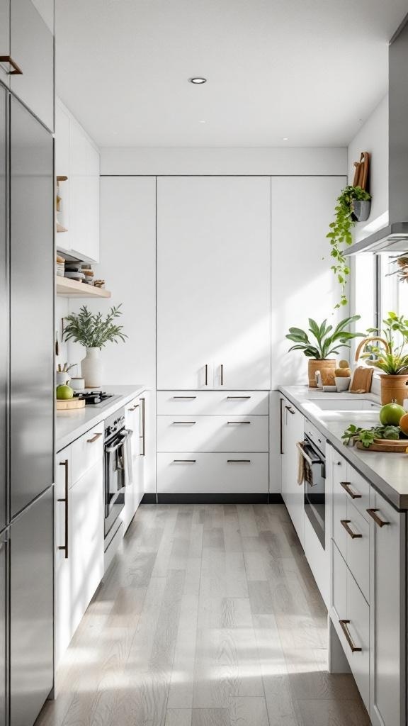 A minimalist galley kitchen featuring white cabinets, wooden flooring, and potted plants.