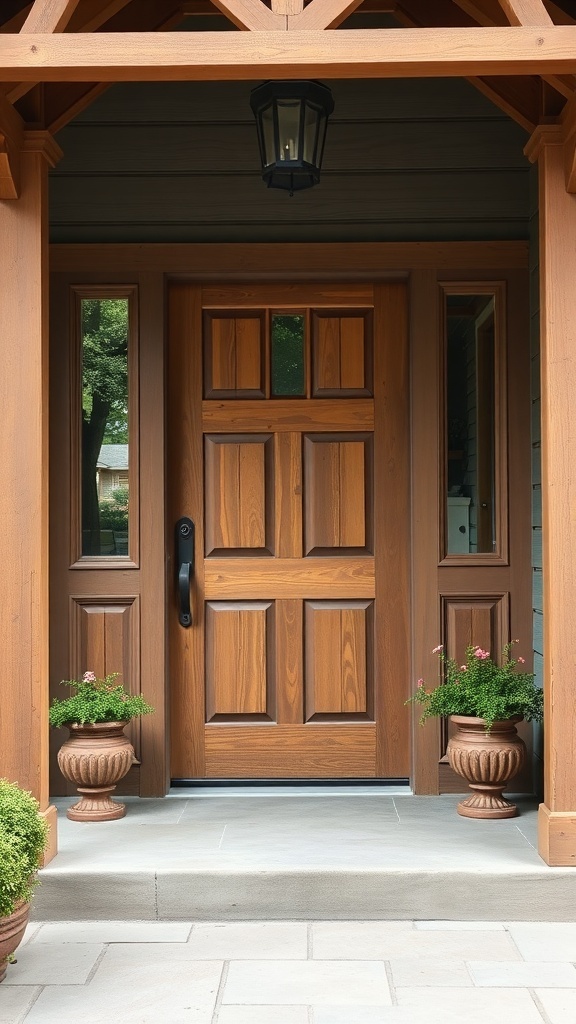 A rustic front door with symmetrical planters on either side.