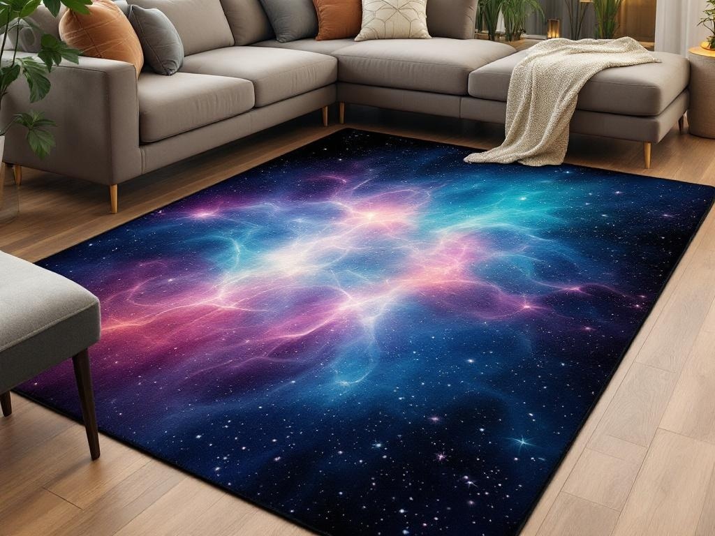 A vibrant area rug with a cosmic design featuring blue, pink, and purple colors, placed in a cozy living room setting.