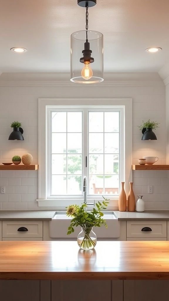A modern farmhouse kitchen with dimmable light fixtures and a bright, inviting atmosphere.