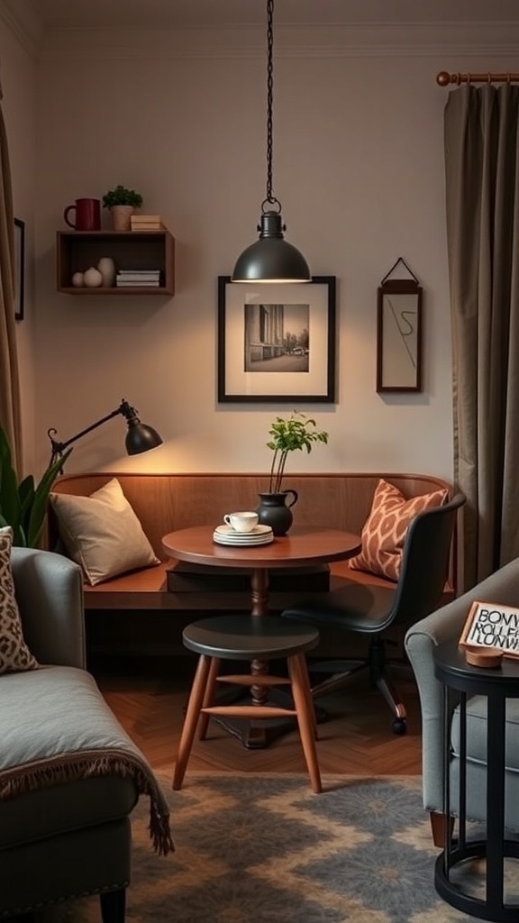Cozy dining nook with a corner bench, round table, and warm lighting.