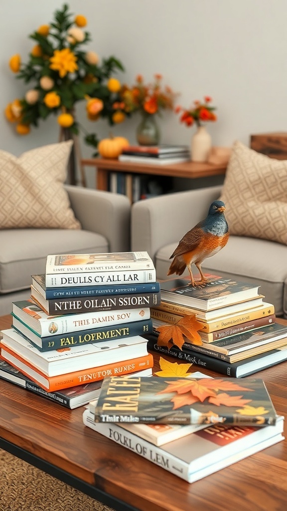 A cozy living room coffee table displaying a stack of seasonal books with a decorative bird and autumn-themed decor.