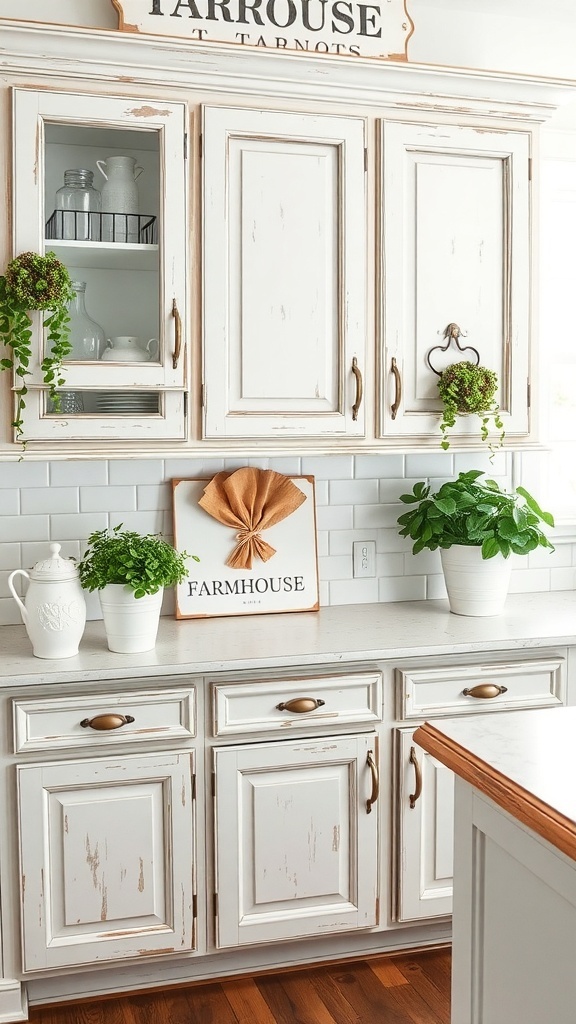 A farmhouse kitchen with distressed cabinets, potted plants, and rustic decor.