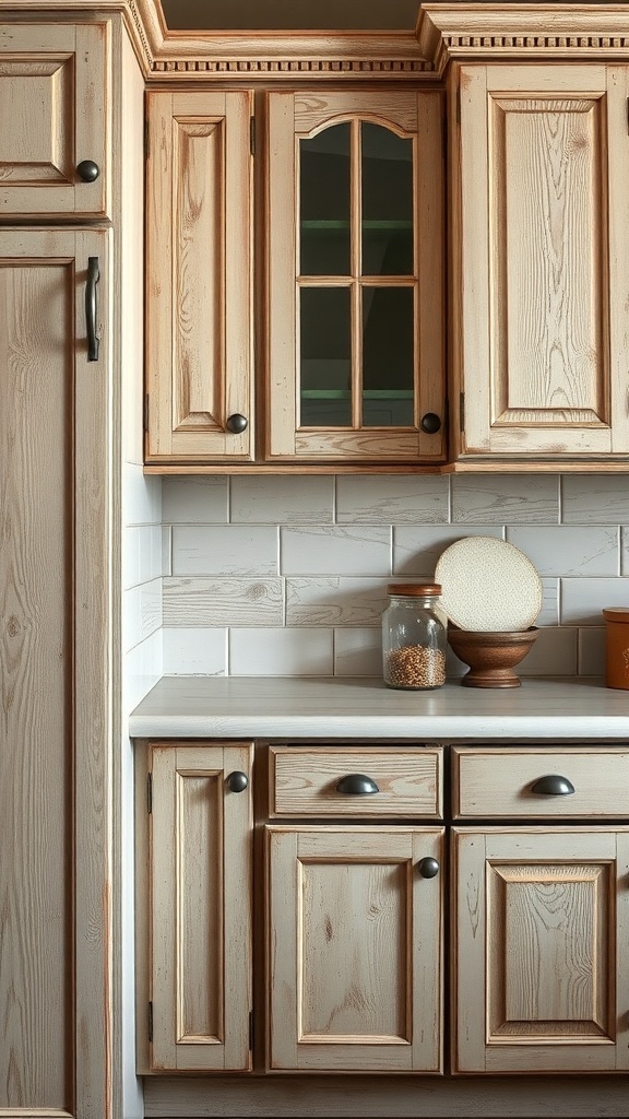 Rustic kitchen cabinets with a distressed finish, showcasing natural wood grain and imperfections.