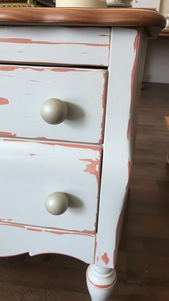 A close-up view of a dresser with distressed paint finishes, showcasing its rustic vintage charm.