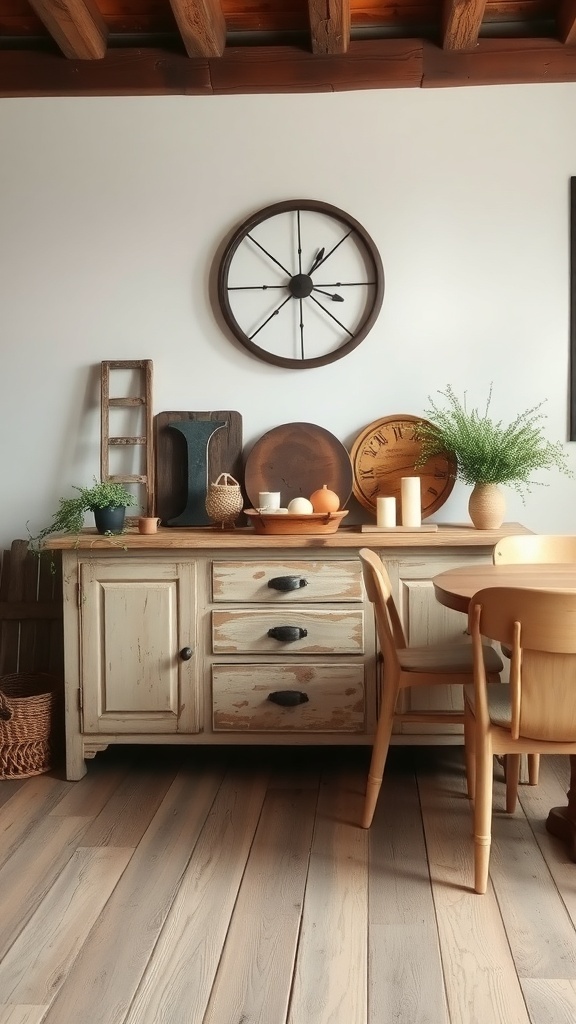 A rustic distressed wood sideboard with decorative items and plants.