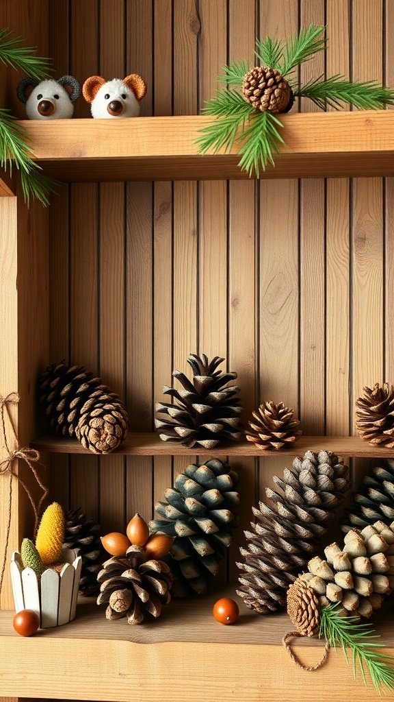A shelf displaying various pinecones and acorns, along with decorative elements.