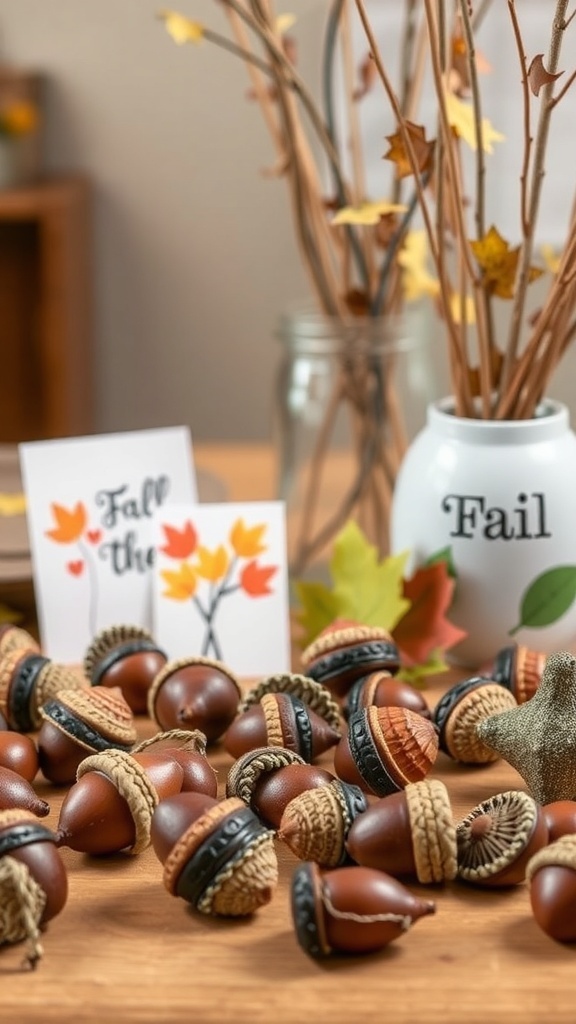A collection of decorative acorns with fall-themed decorations including leaves and a vase.