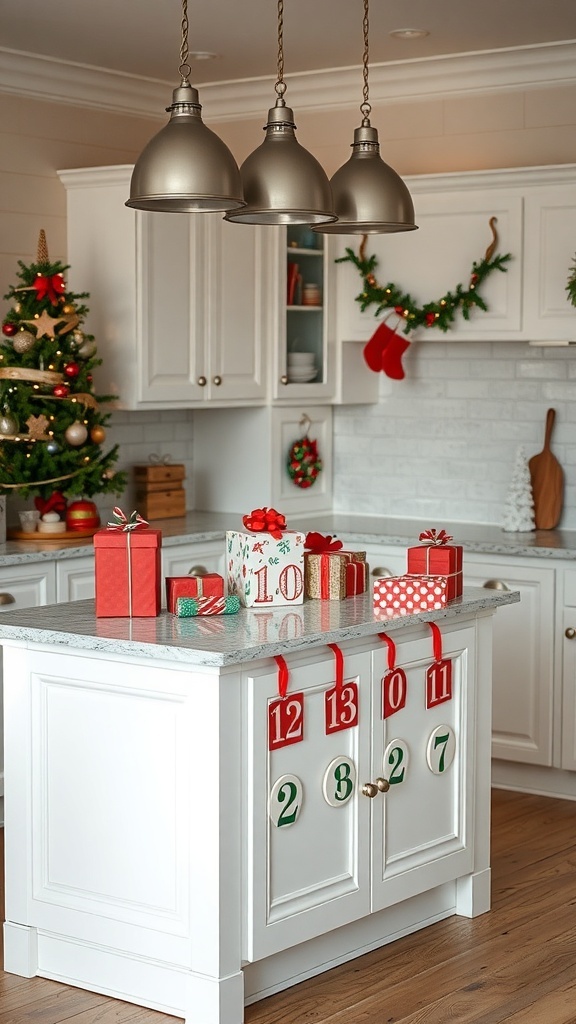 A beautifully decorated kitchen island with an advent calendar and Christmas gifts.