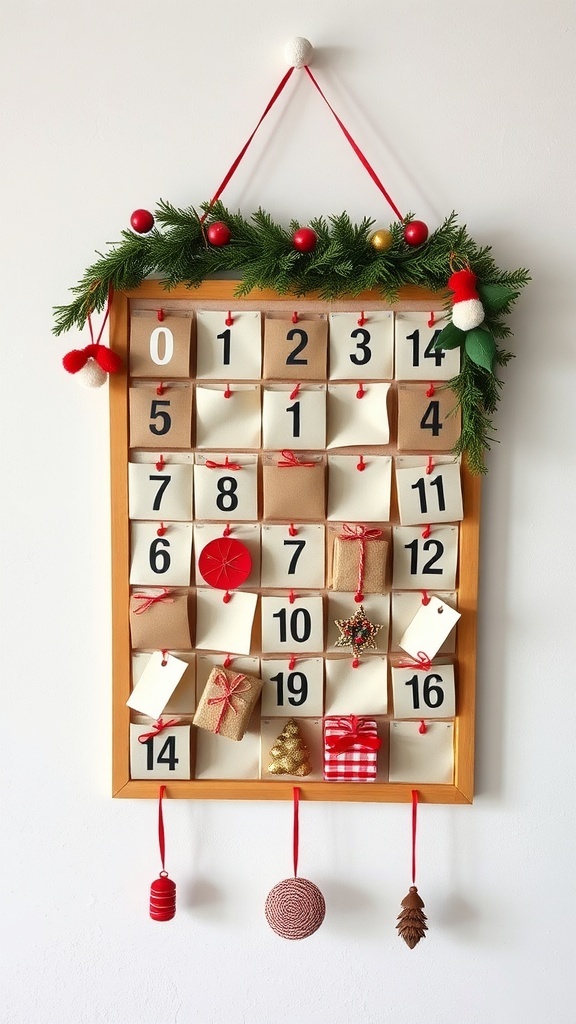 A DIY advent calendar display with numbered envelopes and festive decorations.