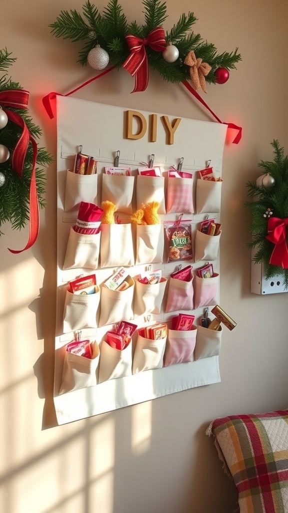 A colorful DIY advent calendar with numbered pockets and festive treats.