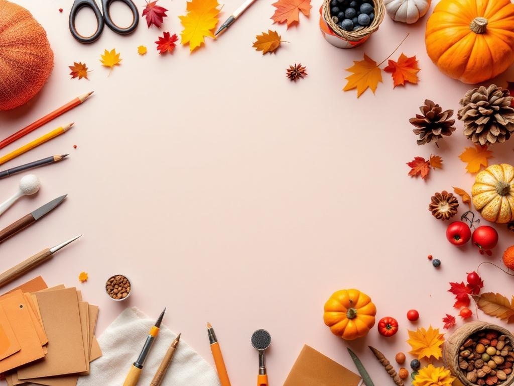 A variety of autumn-themed crafting supplies including pumpkins, leaves, and tools arranged on a table.