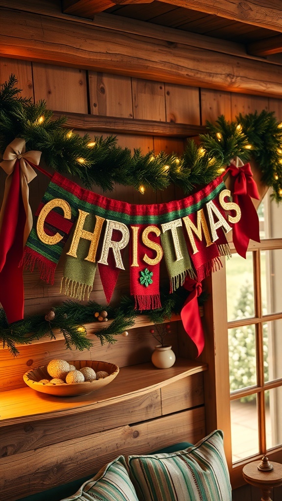 A DIY Christmas banner with colorful letters spelling out festive words, decorated with garland.