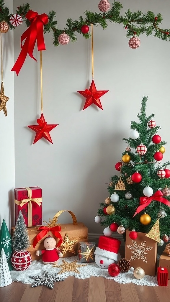 A beautifully decorated Christmas room featuring a tree, gifts, and festive decorations.