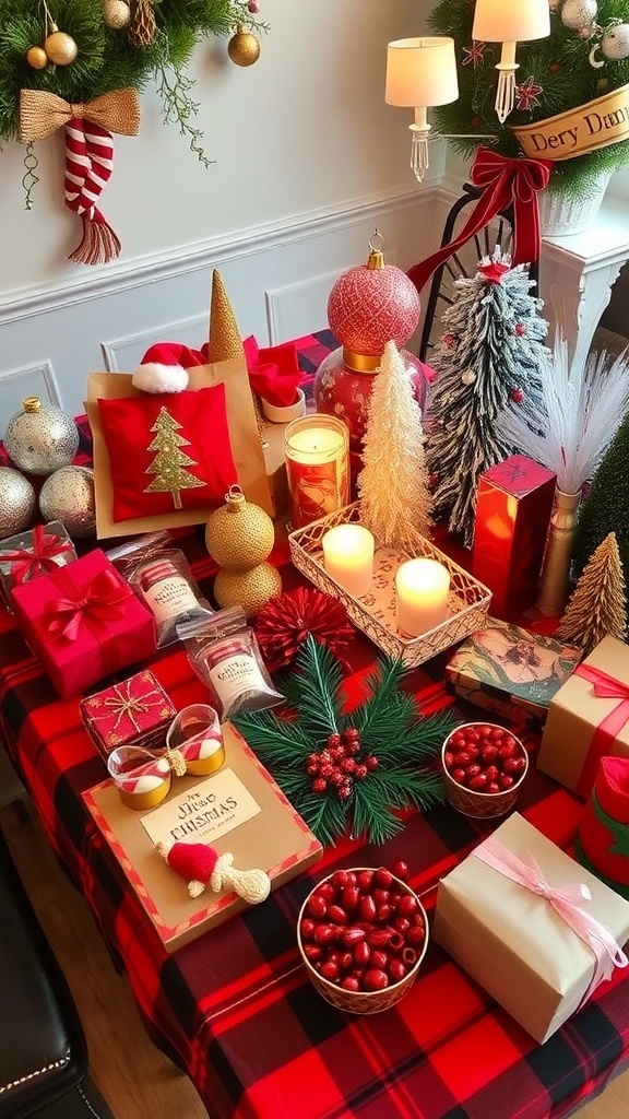 A festive table filled with DIY Christmas crafts, including ornaments, decorations, and crafting supplies.