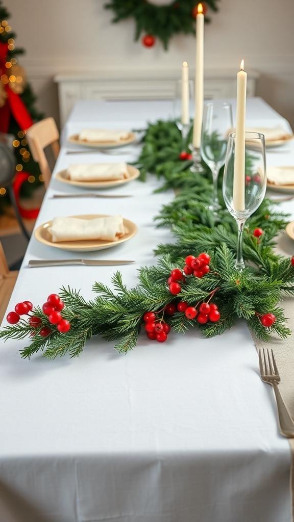 A Christmas table set with a garland runner made of greenery and red berries, complemented by candles.