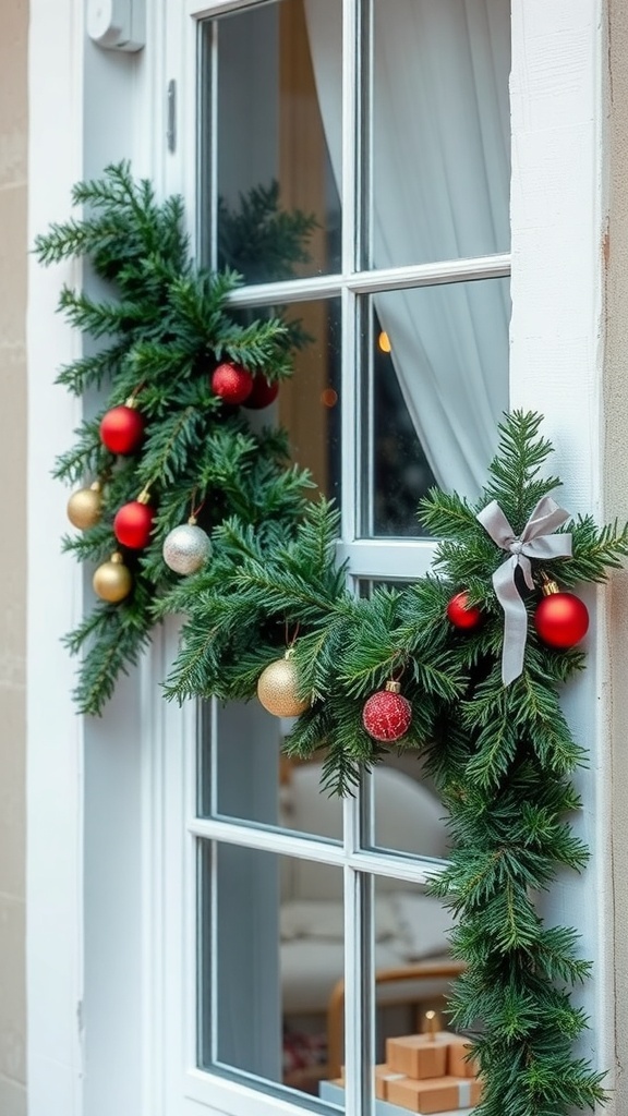 A beautifully decorated Christmas garland with red and gold ornaments hanging on a window.