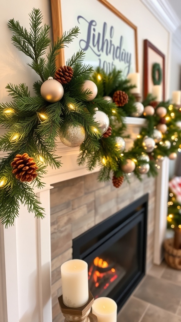 A beautifully decorated garland with greenery, ornaments, and wooden letters above a fireplace.