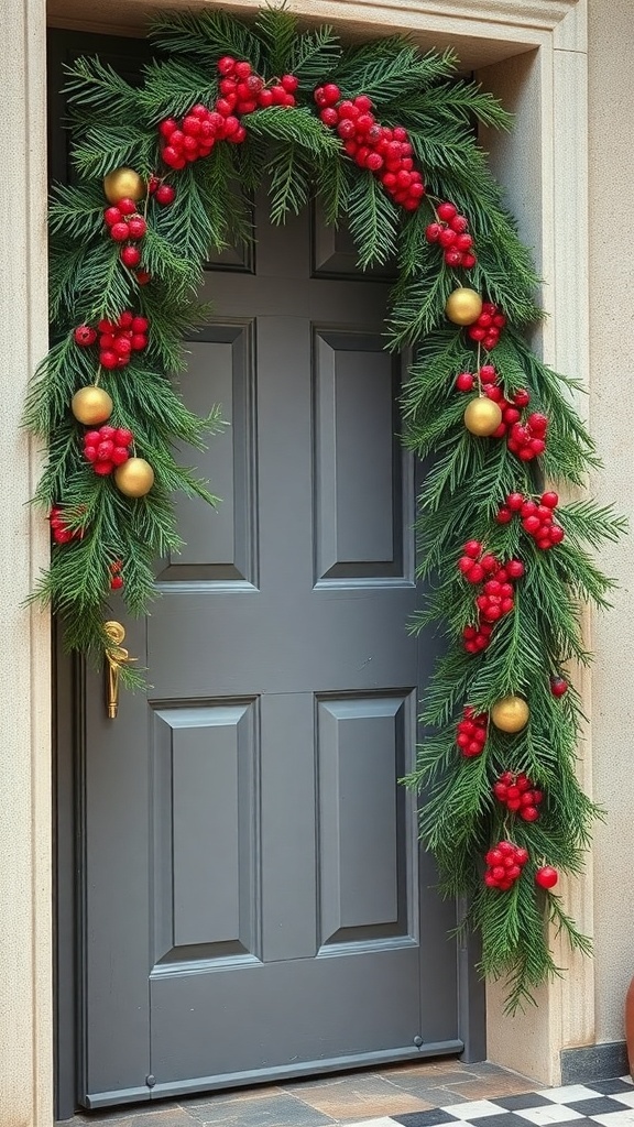 A beautifully decorated Christmas garland with red berries and gold ornaments hanging over a door.