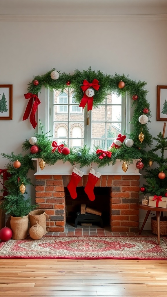A beautifully decorated Christmas garland with red ribbons, ornaments, and greenery, framing a window.