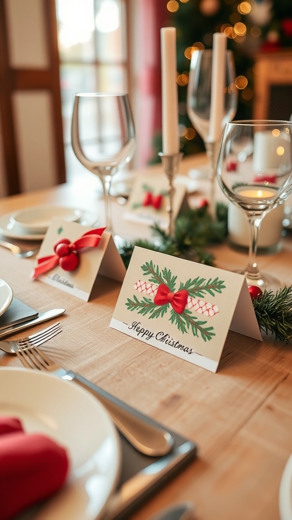 DIY Christmas place cards on a wooden table with candles and festive decor