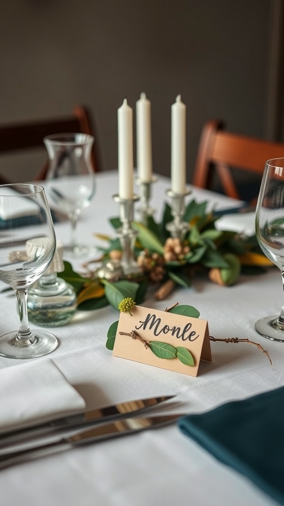 A beautifully set Christmas table with candles, glasses, and a name card.