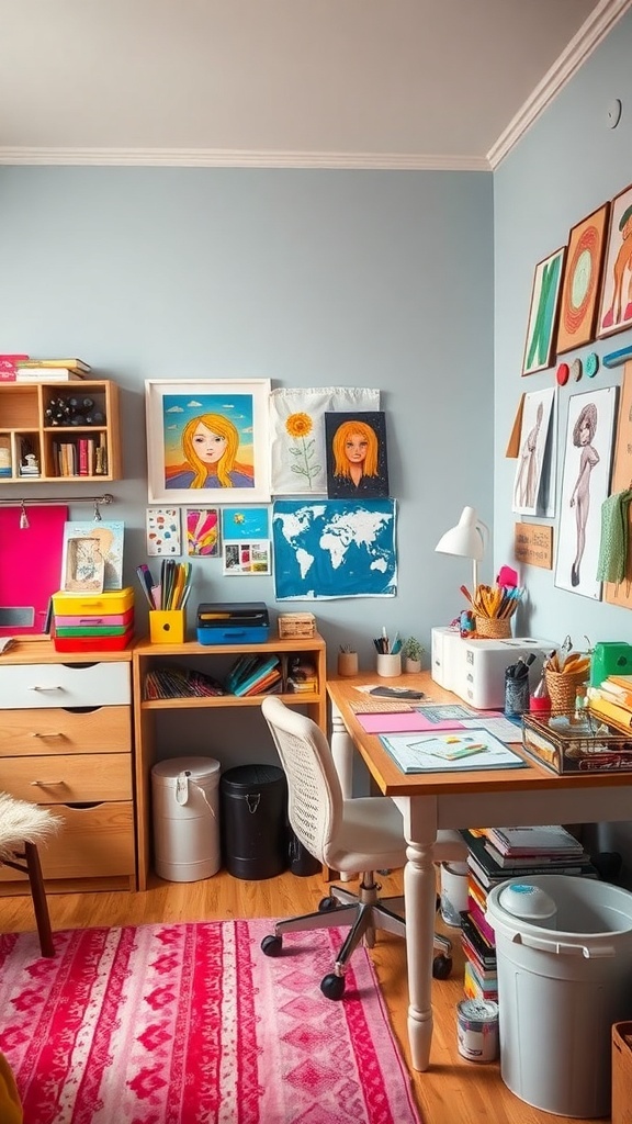 A cozy DIY craft corner in a teen girl's bedroom with colorful supplies and personal artwork on the walls.
