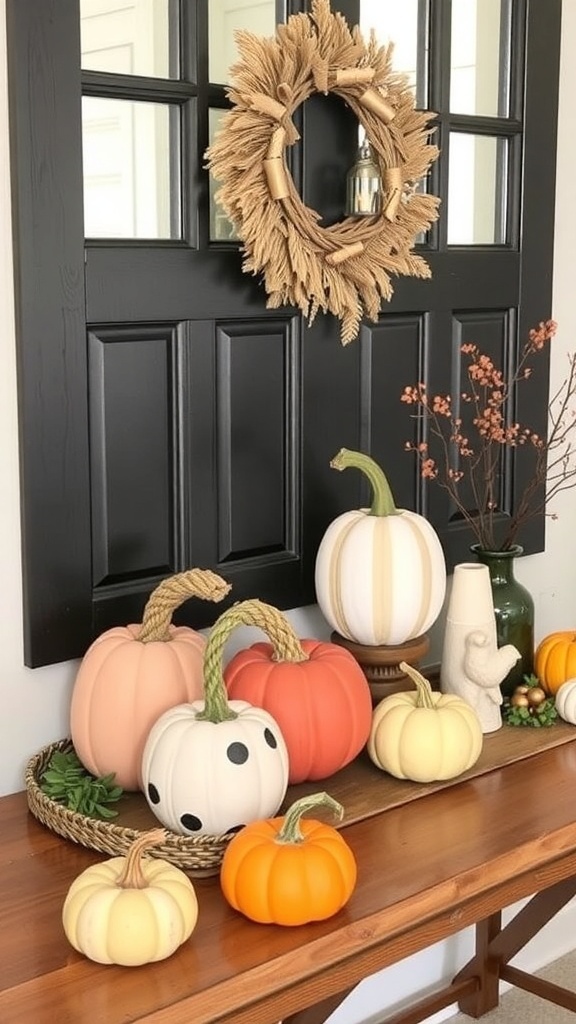 A fall entry table decorated with pumpkins, branches, and a cozy atmosphere.