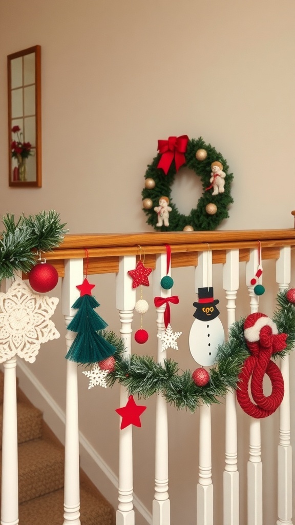 Decorated Christmas banister with garlands and ornaments.