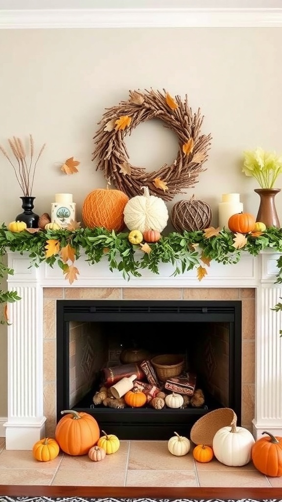 A beautifully decorated fireplace mantle for fall, featuring pumpkins, a wreath, and greenery.