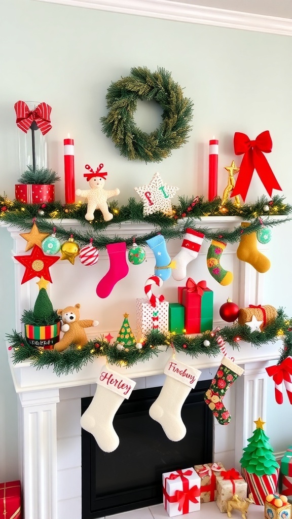 A festive Christmas mantle decorated with a wreath, colorful ornaments, and stockings.