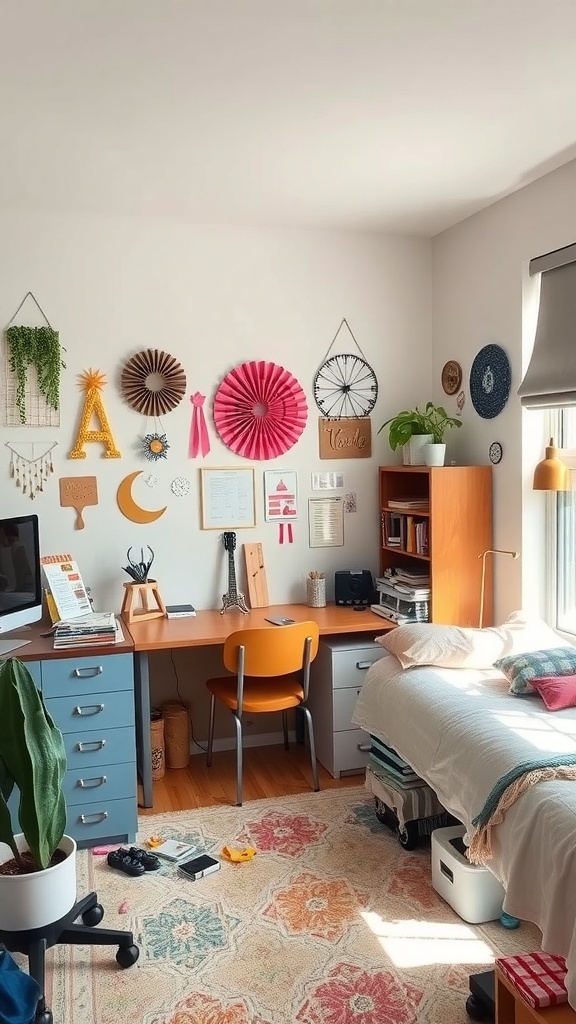 A cozy dorm room with colorful DIY wall decor, a desk area, and a comfortable bed.