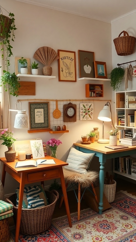 A cozy hobby room filled with personal decor, plants, and a wooden desk.