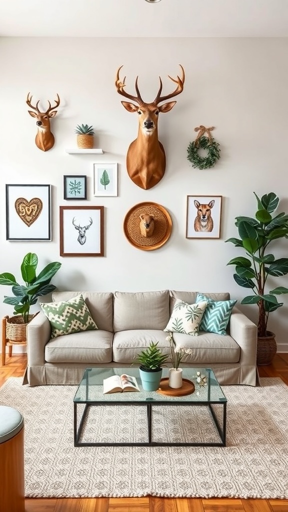 Living room with deer mounts on the wall, showcasing a cozy farmhouse style.