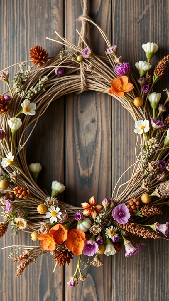 A beautiful DIY dried flower wreath made with various dried flowers and pine cones, displayed against a wooden background.