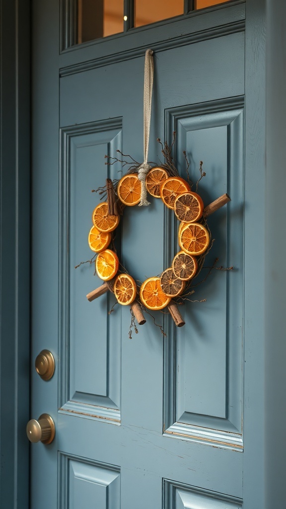 A DIY wreath made of dried orange slices and cinnamon sticks hanging on a blue door.